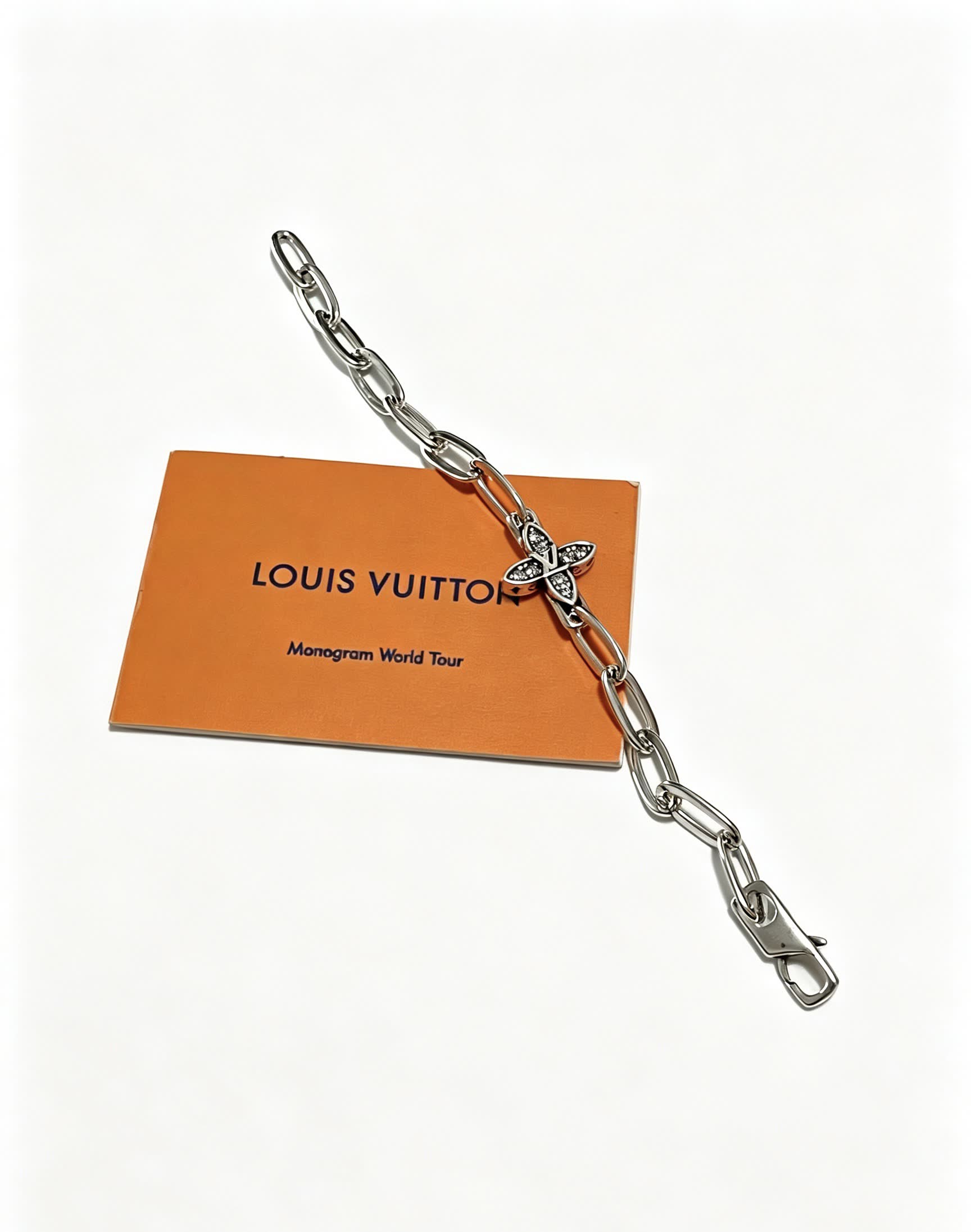 Louis Vuitton Silver Bracelet with Monogram Flower Charm